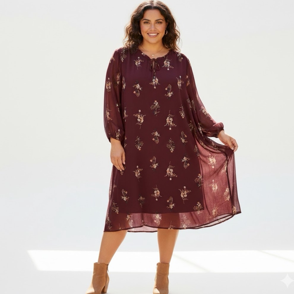 Penningtons Burgundy Floral Long Sleeve Shift Dress Chiffon Knee Length size 5X